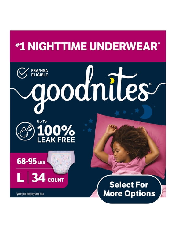 Girls Absorbent Disposable Nighttime Bedwetting Underwear, L, 34 Count