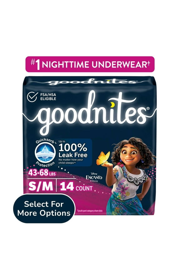 Girls Nighttime Bedwetting Underwear, S/M (43-68 lbs), 14 Count (Select for More)