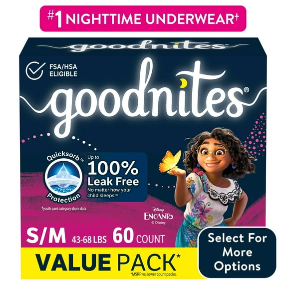 Goodnites Girls Nighttime Bedwetting Underwear, S/M (43-68 lbs), 60 Count (Select for More)