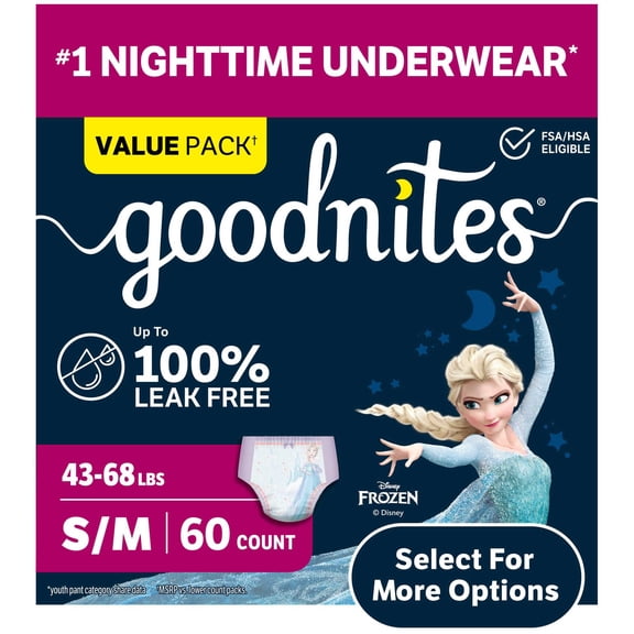 Goodnites Girls Nighttime Bedwetting Underwear, S/M (43-68 lbs), 60 Count (Select for More)