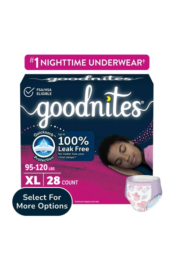 Girls Nighttime Bedwetting Underwear, XL (95-120 lbs), 28 Count (Select for More)