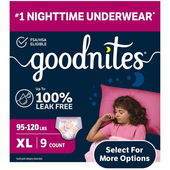 Goodnites Girls Nighttime Bedwetting Underwear, XL (95-120 lbs), 9 Count (Select for More)