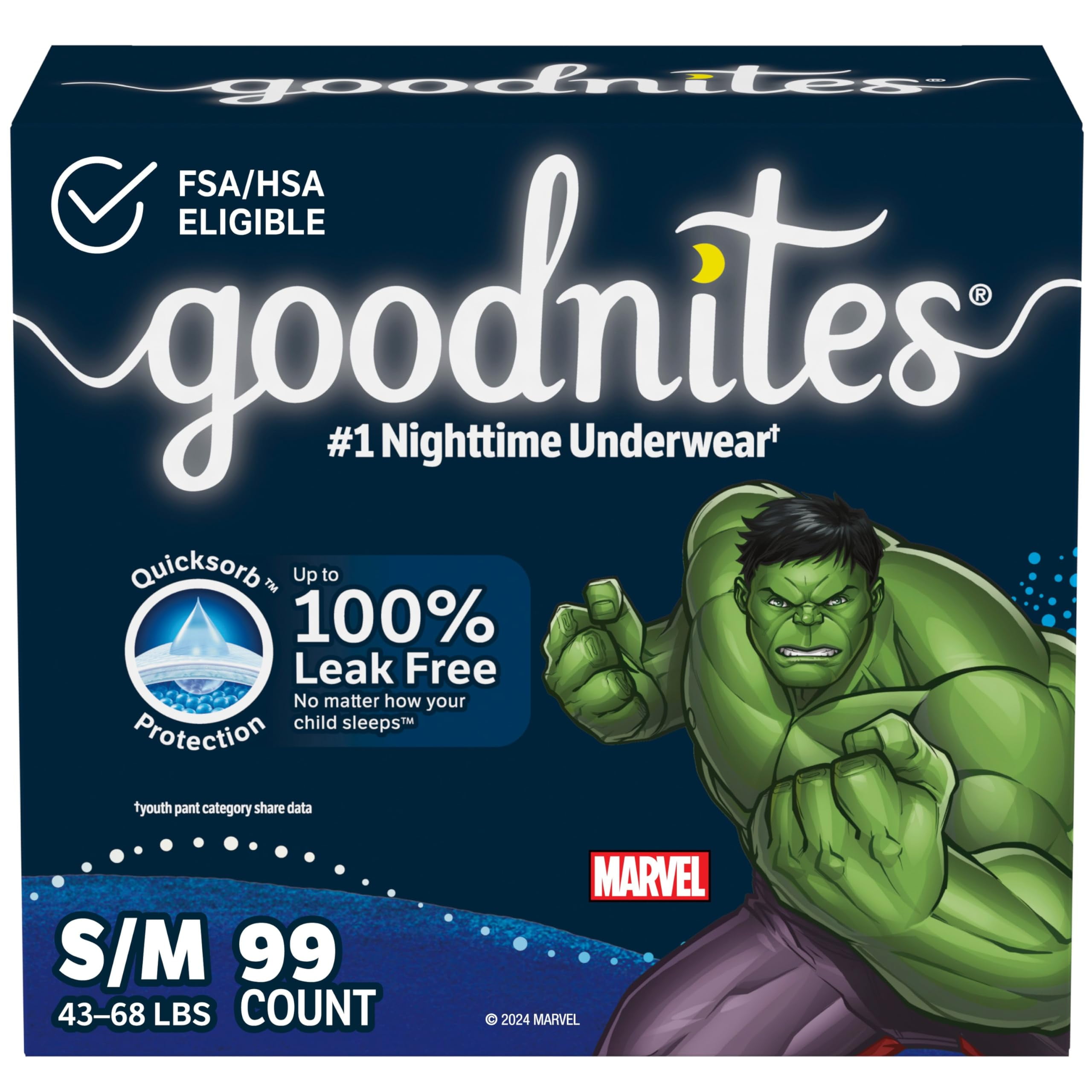 Goodnites Boys' Bedwetting Underwear, Size S/M (43-68 lbs), 99 Ct (3 Packs of 33), Packaging May Vary