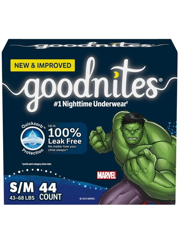 Goodnites Boys' Nighttime Bedwetting Underwear, Size S/M (43-68 lbs), 44 Ct (2 Packs of 22), Packaging May Vary