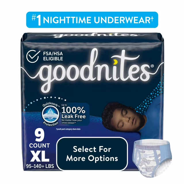 Goodnites Boys' Nighttime Bedwetting Underwear Size XL, 9 Count