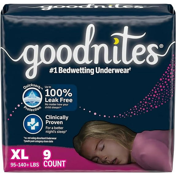 Goodnites Girls' Nighttime Bedwetting Underwear, Size Extra Large, 9 Ea, 2 Pack