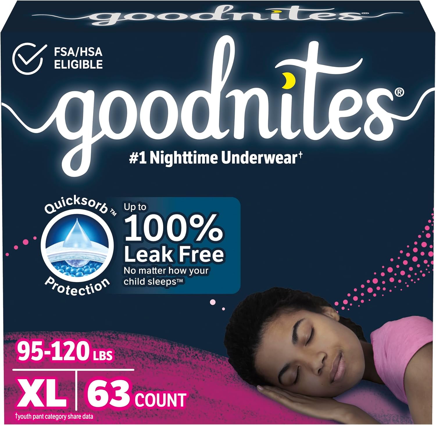 Goodnites Girls' Nighttime Bedwetting Underwear, Size Extra Large (95-140+ lbs), 63 Ct (3 Packs of 21), Packaging May Vary