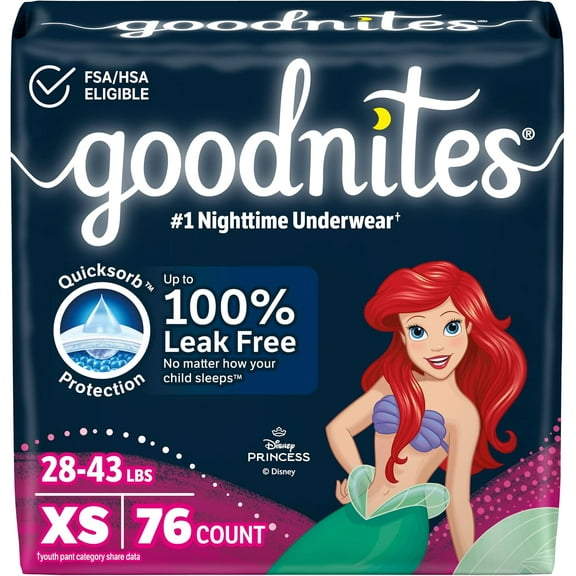 Goodnites Girls' Nighttime Bedwetting Underwear, Size Extra Small (28-43 lbs), 76 Ct (2 Packs of 38), Packaging May Vary