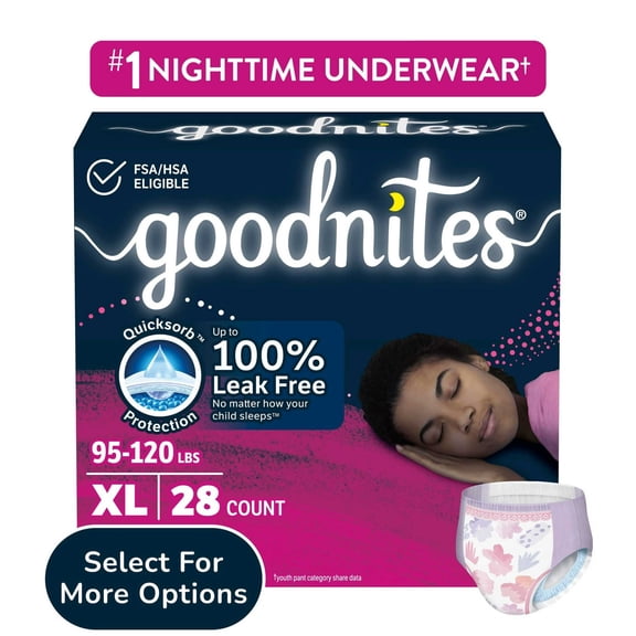 Goodnites Girls Nighttime Bedwetting Underwear, XL (95-120 lbs), 28 Count