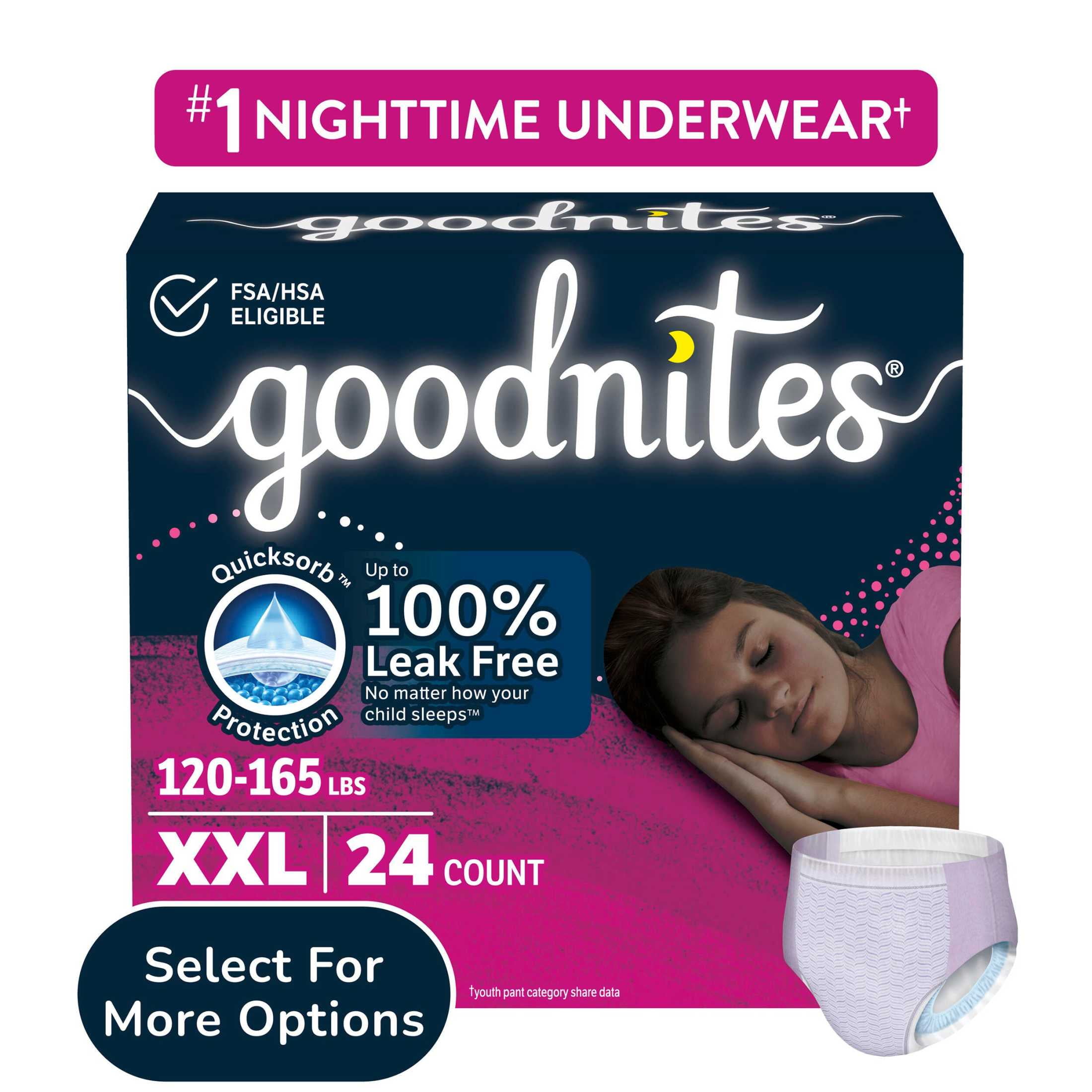 Goodnites Girls' Nighttime Bedwetting Underwear, Size XXL (120-165