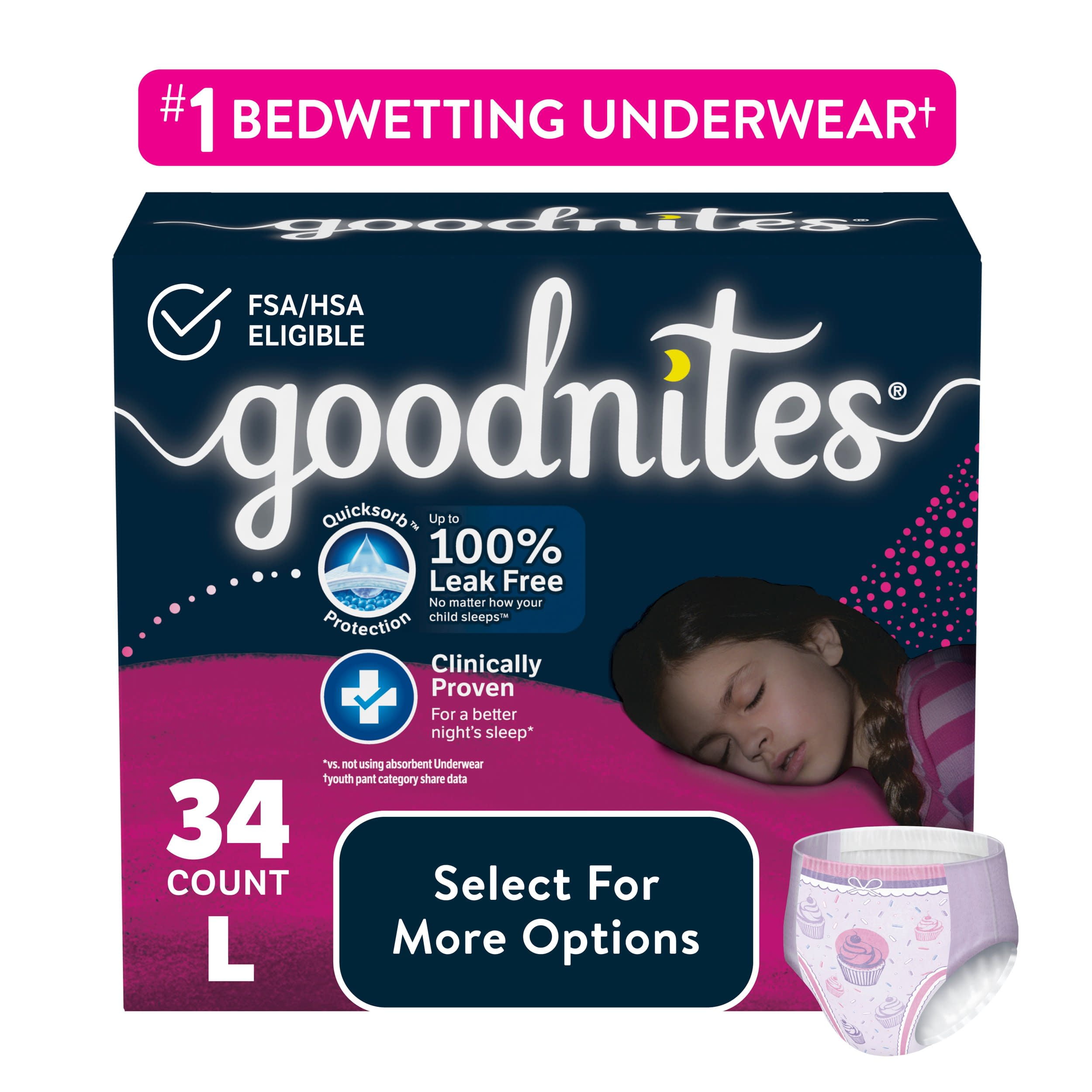 Goodnites Nighttime Bedwetting Underwear for Girls L 34 Ct Select for More Options