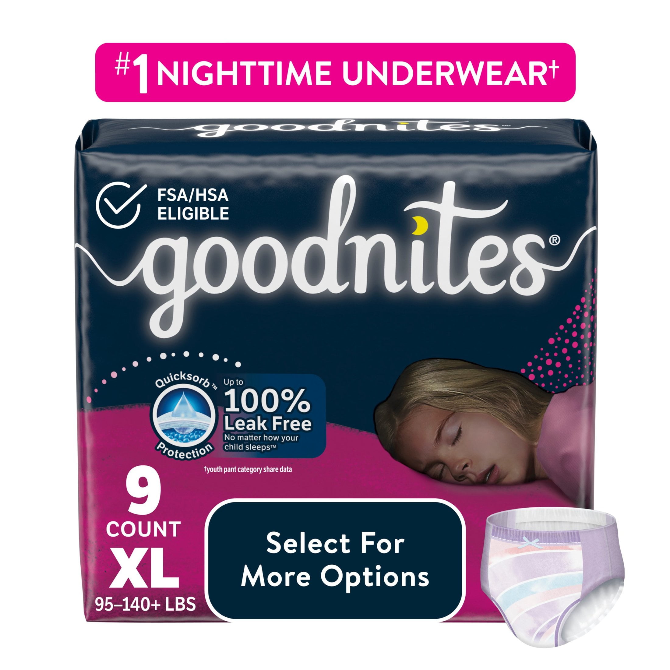 Goodnites Bedwetting Underwear for Girls, XL (95-140+ lbs), 9 Ct (Select for More)