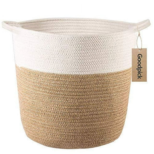 Goodpick Cotton Rope Storage Basket- Jute Basket Woven Planter Basket Rope Laundry Basket with Handles for Toys, Blanket and Pot Plant Cover, 16.0" x15.0" x12.6"