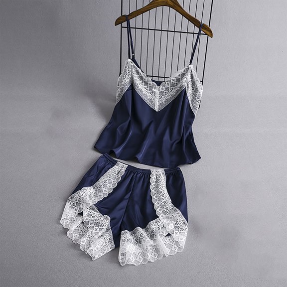 Goodtrade8 2 Piece Pajamas Sets Silk Camisoles Solid Color Sleeveless Sleepwear Casual Womens Pajama Tops