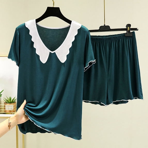 Goodtrade8 2 Piece Pajamas for Women Set Plus Size Loungewear V-Neck Short Sleeve Casual Solid Color Ladies Pjs