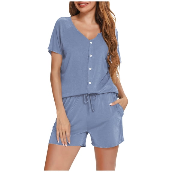 Goodtrade8 2 Piece Sleepwear for Women Loungewear Petite Short Sleeve Casual Solid Color V-Neck Womens Pajama Sets