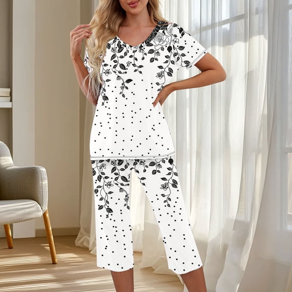 Goodtrade8 2 Piece Womens Pajamas Capris Set with Pocket Casual Short Sleeve Graphic Sleepwear V-Neck Womens Pajama Tops