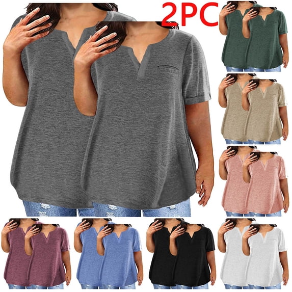 Goodtrade8 2PC Women's Plus Size Summer V-neck Plain Oversized T-shirt