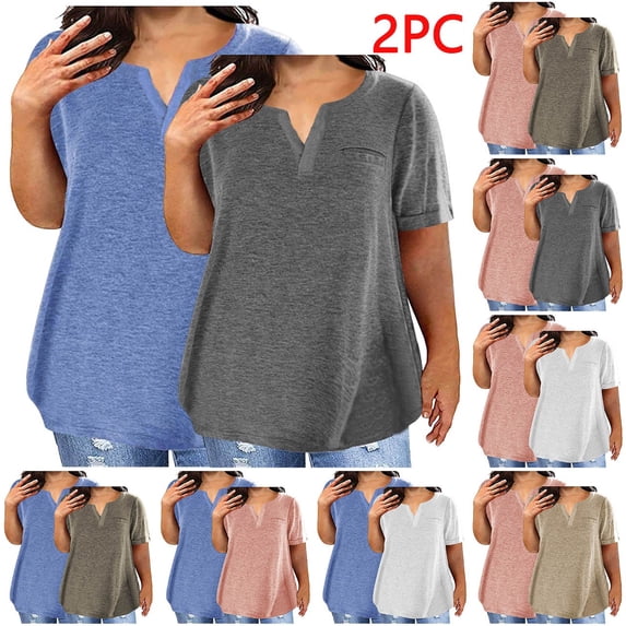 Goodtrade8 2PC Women's Plus Size Summer V-neck Plain Oversized T-shirt