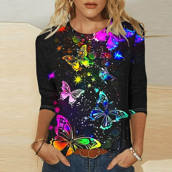 Goodtrade8 3/4 Sleeve Fall Tops for Women Multicolor Printed Casual Crew Neck Womens Shirts