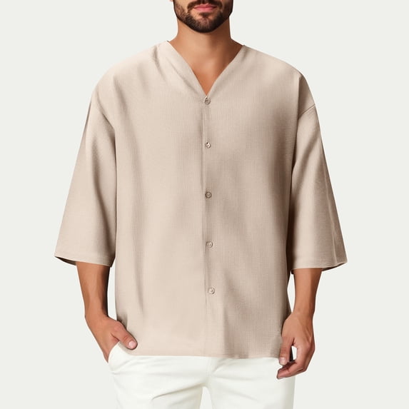 Goodtrade8 3/4 Sleeve T-Shirts for Men Summer Button Casual Button up Button up V-Neck Mens Shirts Outdoor