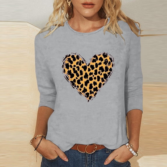 Goodtrade8 3/4 Sleeve Tops for Junior Plus Size Crew Neck Pullover Graphic Spring Valentine Casual Summer Cute Womens Shirts Fashion