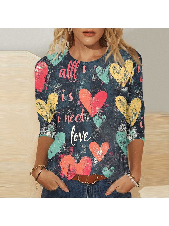 3/4 Sleeve Tops for Ladies Spring Pullover Crew Neck Valentine Summer Graphic Gifts for Girlfriend Womens Shirts Cute