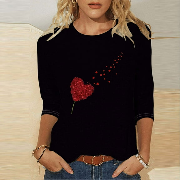 Goodtrade8 3/4 Sleeve Tops for Women Plus Size Pullover Spring Cute Summer Valentine Trendy Womens T-Shirts Casual