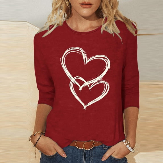 Goodtrade8 3/4 Sleeve Tops for Women Spring Pullover Casual Valentine Summer Crew Neck Plus Size Womens T-Shirts Cute