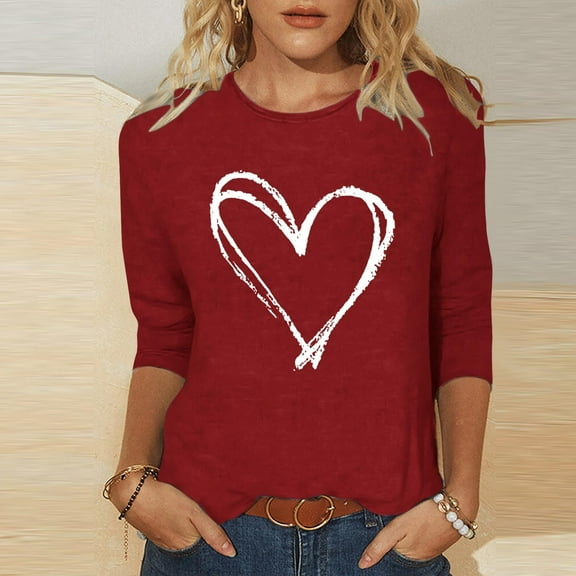 Goodtrade8 3/4 Sleeve Tops for Women Spring Pullover Crew Neck Valentine Casual Cute Womens T-Shirts Plus Size