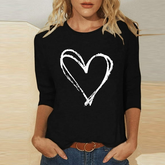 Goodtrade8 3/4 Sleeve Tops for Women Spring Pullover Plus Size Graphic Valentine Crew Neck Womens T-Shirts Cute