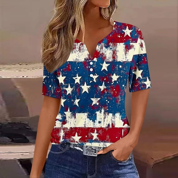 Goodtrade8 4th of July Shirts for Women American Flag Graphic Pullover V-Neck Red White and Blue Red White and Blue Short Sleeve , Casual Independence Day Juniors Tops Summer