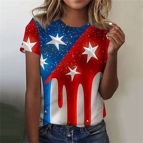 Goodtrade8 4th of July Shirts for Women Summer American Flag Pullover Graphic Red White and Blue , Red White and Blue Casual Crew Neck Independence Day Womens Tops Fashion