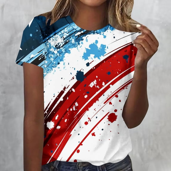Goodtrade8 American Flag Shirts for Women 4th of July Red White and Blue Pullover Short Sleeve Red White and Blue Graphic Summer , Crew Neck Casual Juniors Tops Fashion