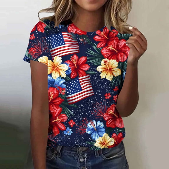 Goodtrade8 American Flag Shirts for Women Summer July 4th Pullover Short Sleeve Red White and Blue Red White and Blue Graphic , Independence Day Crew Neck Juniors Tops Fashion