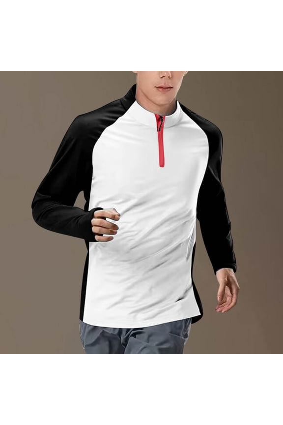 Athletic Plus Size Tops for Men Color Block Quarter Zip High Neck Long Sleeve Black Mens Shirts Plus Size