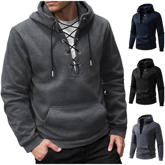 Goodtrade8 Athletic Sweatshirts for Men Winter Hooded Pullover Sweatshirt Casual Plain Drawstring Long Sleeve Pocket Mens Sweatshirts