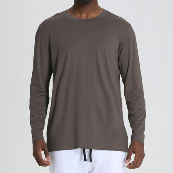 Goodtrade8 Athletic Tops for Men Solid Color Dry and Fit Coffee Long Sleeve Crew Neck Shirts for Men