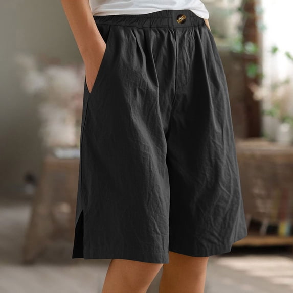 Goodtrade8 Bermuda Shorts for Women Casual Wide Leg Knee Length Linen Shorts Elastic Waist Summer Beach Long Short with Pokcets