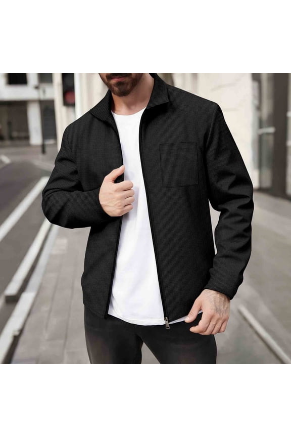 Big Mens Jackets Casual Zip up Shirt Jacket Pocket Black Plain Lapel Outdoor Mens Coats Big and Tall
