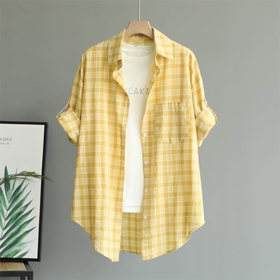 Goodtrade8 Blouses for Women Lightweight Plaid Casual Loose Long Sleeve Collared Womens Tops for Winter