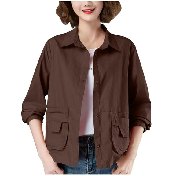 Goodtrade8 Bomber Jacket Button Pocket Winter Jackets for Women Long Sleeve Plain Casual Lapel Womens Tops