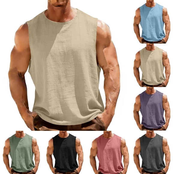 Goodtrade8 Breathable Mens Summer T-Shirts Cotton Linen Tank Tops Solid Color Sleeveless Crew Neck Casual Pocket Shirts for Men