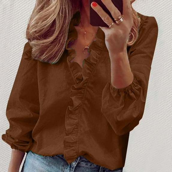 Goodtrade8 Brown Fall and Winter Tops for Women Solid Color Flounce Long Sleeve V-Neck Casual Womens Shirts