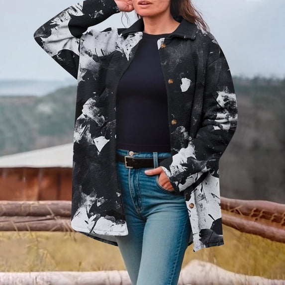 Goodtrade8 Button Coats for Women Plus Size Fleece Jacket Collared Long Sleeve Warm Printed Casual Women Tops