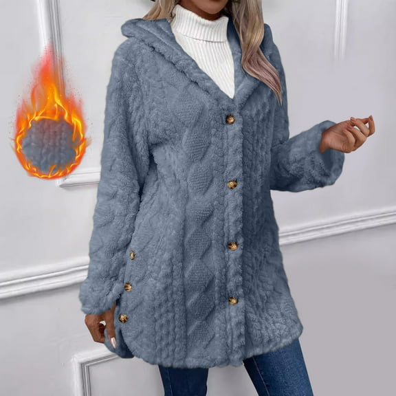 Goodtrade8 Button Coats for Women Winter Fleece Long Sleeve Warm Casual Solid Color Hooded Women's Winter Tops