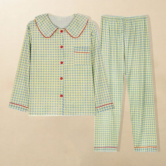 Goodtrade8 Button Down Sleepwear for Women Plaid 2 Piece Long Sleeve Sleepwear Casual Collared Pj Tops for Women