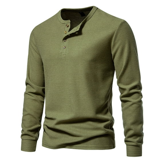 Goodtrade8 Button Men's Plus Size Tops Casual Solid Color Green Crew Neck Long Sleeve Fall Shirts for Men
