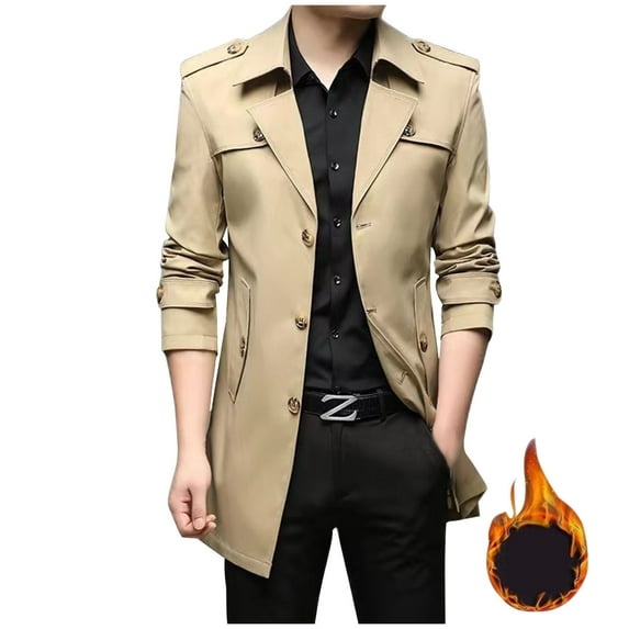 Goodtrade8 Button Mens Jackets Medium Long Windcoat Casual Outdoor Plain Lapel Khaki Coats for Men