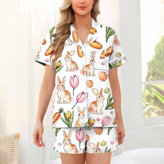 Goodtrade8 Button up PJS Sets for Women Shorts & Tops Casual Homewear 2 Pieces Short Sleeve Loungewear Easter Pockets Homewear Summer Womens Pajamas Holiday